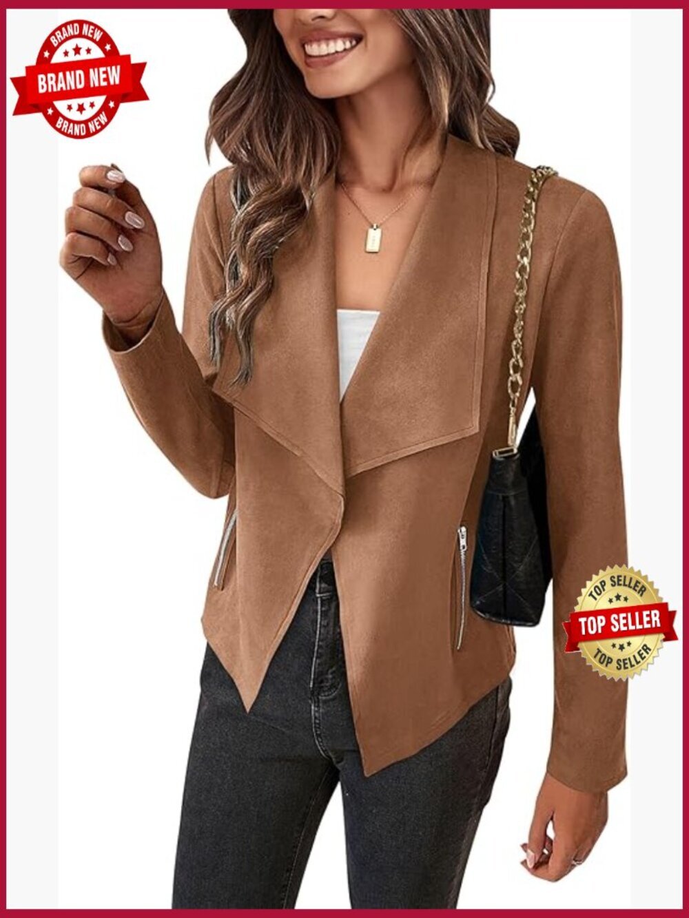 Faux Suede Cropped Jacket Open Front Long Sleeve Coat with Pockets